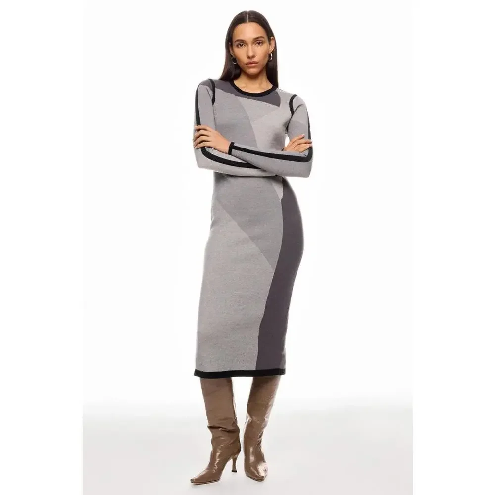 TOCCIN X RTR Grey Knit Midi Color Block Dress Size S with Small Hole